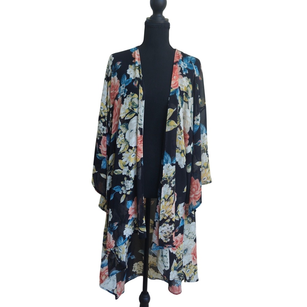 Dark Floral Kimono Duster Sheer Chiffon Cover Up XL -XXL Fairy Boho Swim EUC